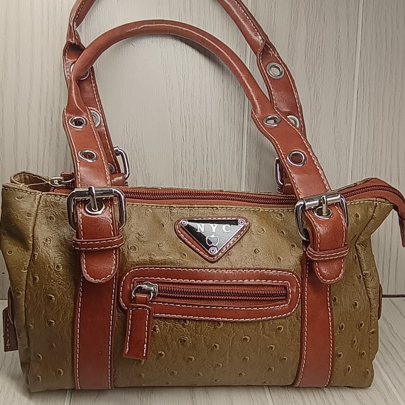 NYC Ostrich Handbag Womens Shoulder Leather Strap Duffle Style Bag 9.5"x6"x4" - Picture 1 of 16